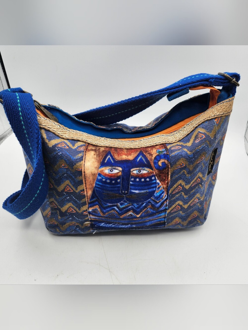 Laurel Burch Blue Cat Pattern Shoulder Bag with Gold Accents